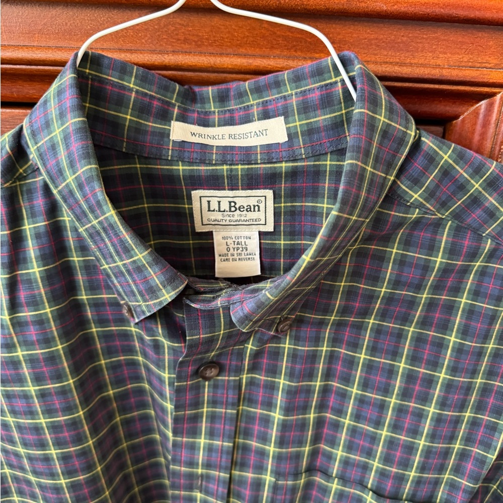 L.L. Bean button-down, long sleeve plaid with green/blue/red/yellow.  Size LT.